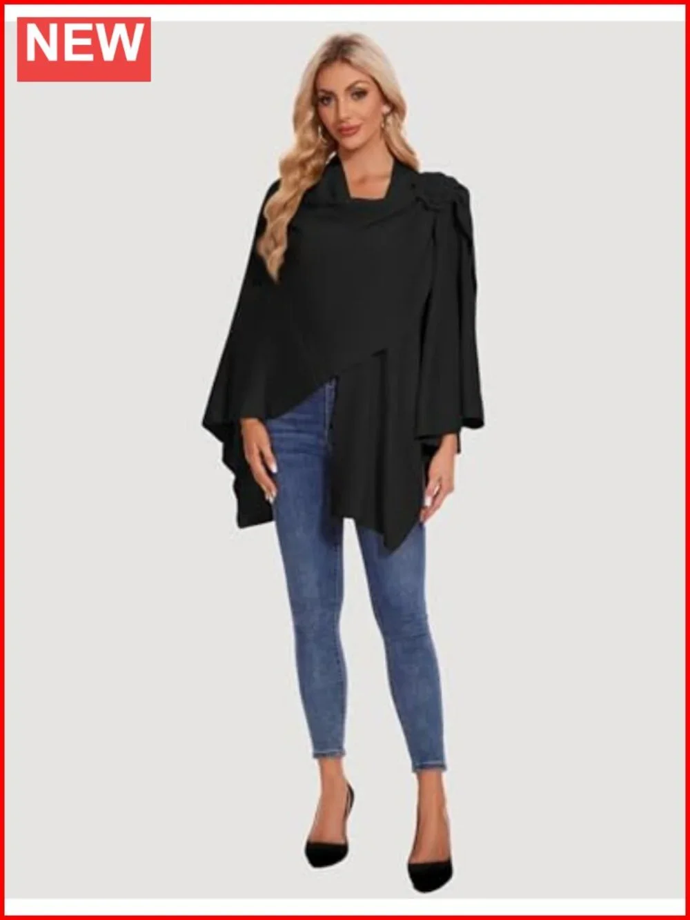Women Cross Front Floral Shawl Wrap Poncho Viscose Knit Fall Winter